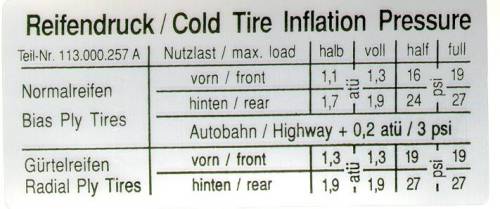 Chuck's Convertible Parts - STICKER, TIRE PRESSURE *MADE BY WCM*