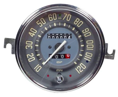Chuck's Convertible Parts - SPEEDOMETER, 120 MPH, BEIGE FACE, MADE IN BRAZIL, STD BUG 1953-77, SUPER BEETLE 1971-72, BUS 1955-67, GHIA 1956-66
