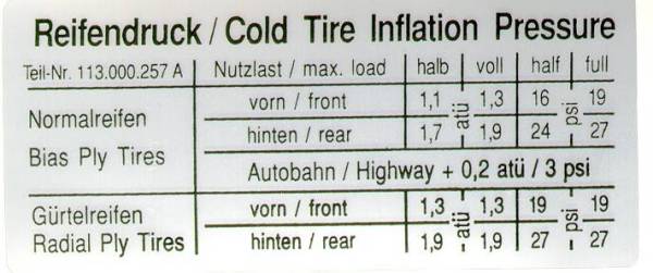 Chuck's Convertible Parts - STICKER, TIRE PRESSURE *MADE BY WCM*