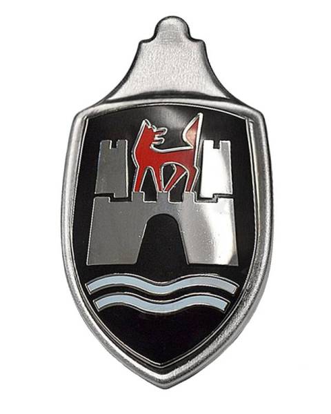 Chuck's Convertible Parts - EMBLEM, FRONT HOOD WITH BASE AND BLACK BACKGROUND *GERMAN*  BUG 1960-63 (1963 up to VIN # 5010447)