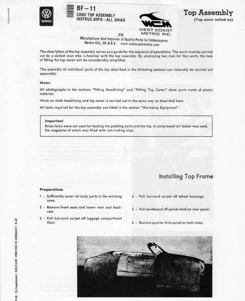 Chuck's Convertible Parts - CONVERTIBLE TOP ASSEMBLY INSTRUCTIONS 60 PAGES, GHIA CONV. 1958-69 1/2 (1969 Up to 149431008, but helpful up to 1974)