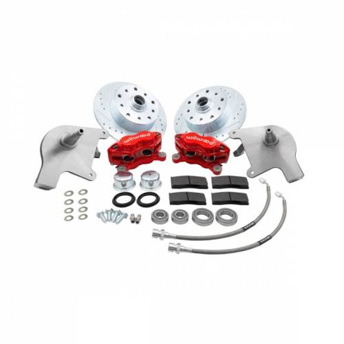 Chuck's Convertible Parts - FRONT DISC BRAKE KIT, RED WILWOOD 4 PISTON CALIPERS W/ DROP SPINDLES, 5x130 & 5x4.75, BALL JOINT STD BUG 1966-77, GHIA 1966-74 - Image 1