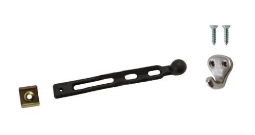 REAR SEAT STRAP KIT, 6.5" LONG RUBBER STRAP, MOUNTING PLATE, HOOK & SCREWS, BUG CONV. 1950-67