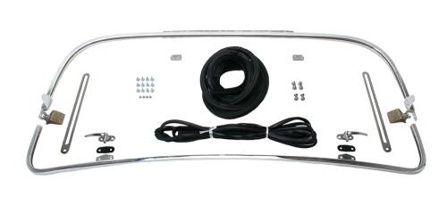 SAFARI FRONT WINDOW POP OUT KIT, BUG CONVERTIBLE 1950-64, CHROME FRAME, SLIDERS, LATCHES, SEALS & HARDWARE *MADE IN USA*